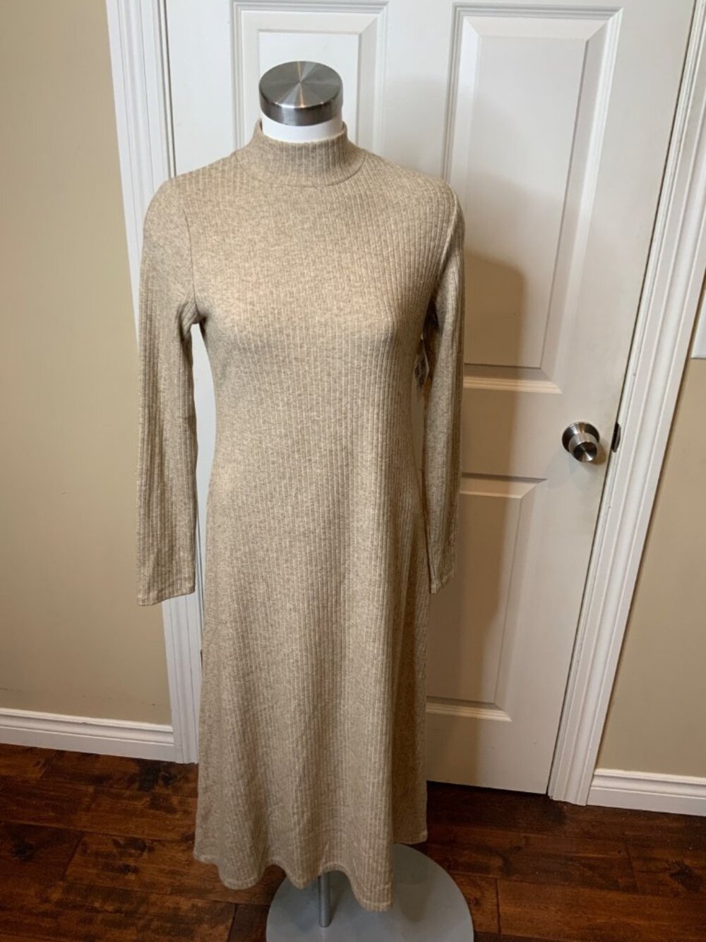Vince Tan Rib Knit Mock Neck Long Sweater Dress, Size M